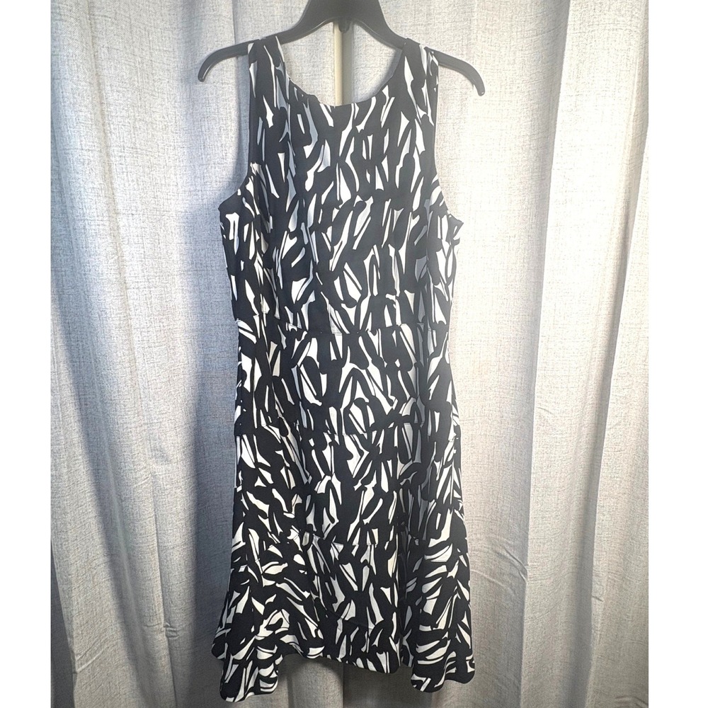 Kasper Womens Black White Abstract Print Tiered Sleeveless Flare Dress Size 14
